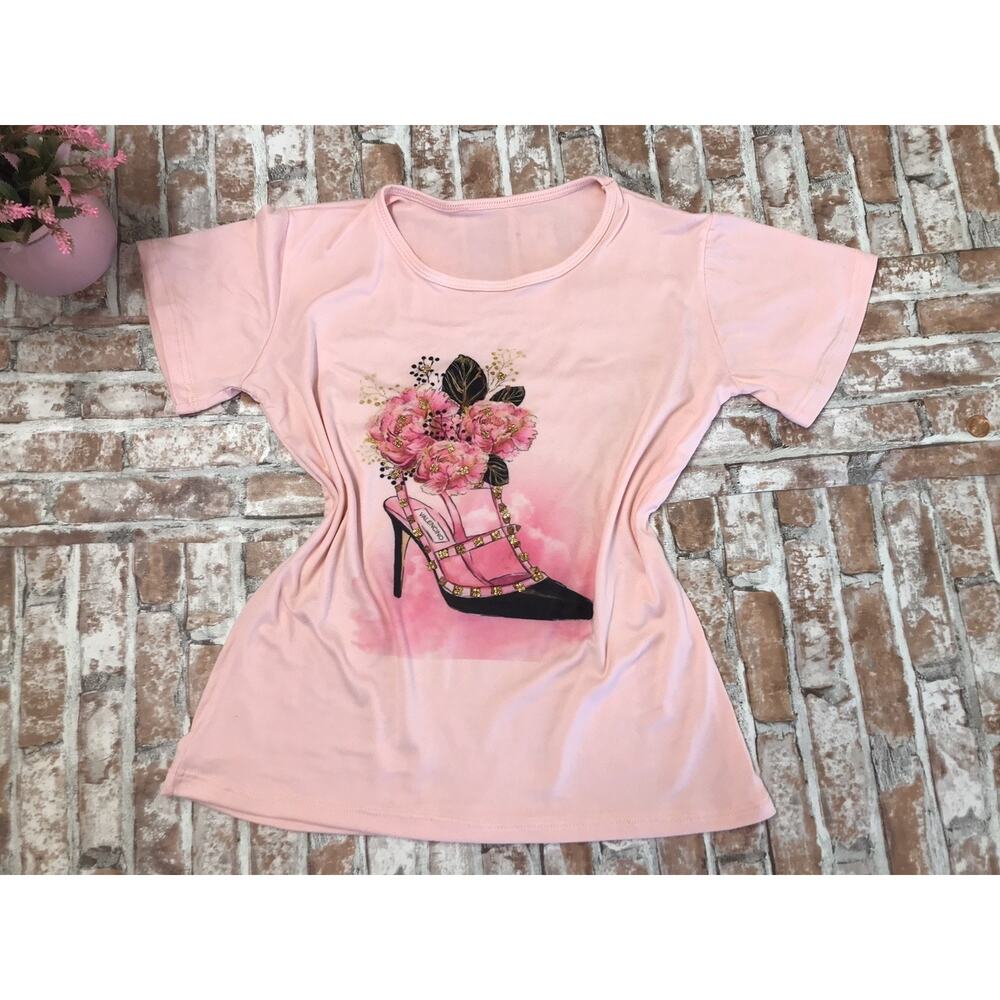 Stiletto Heel Women's Floral Shirt M Rhineston Pink Short Sleeve Top Cotton Soft